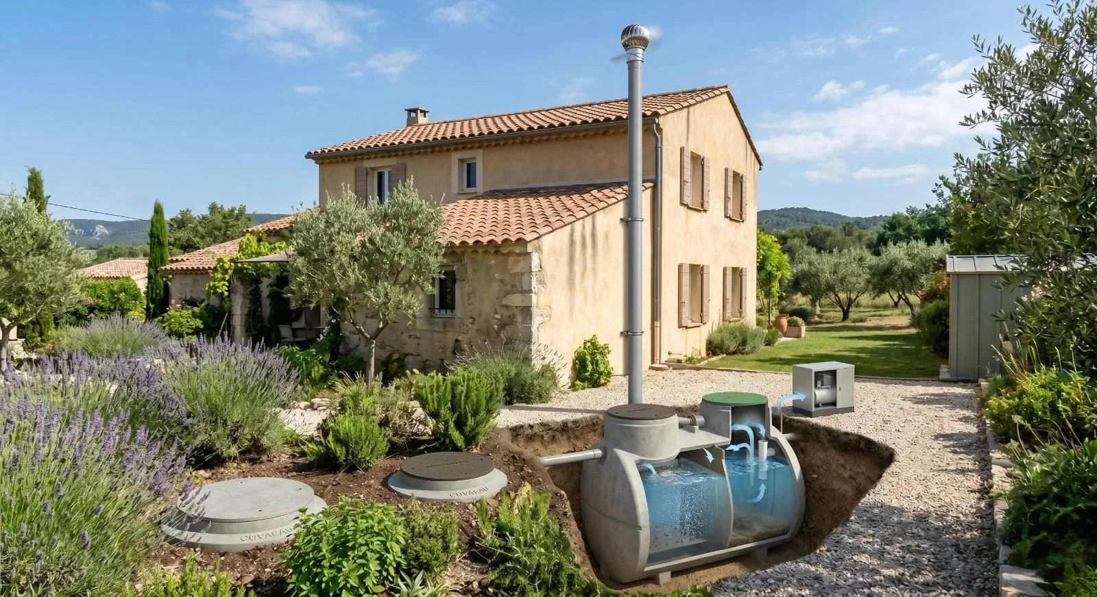 Micro-station d’épuration posée dans le jardin d’une maison