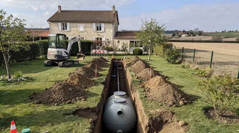 Chantier de pose d’une cuve par nos techniciens
